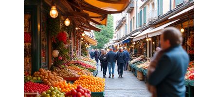 Belebter Markt in einem charmanten mittelalterlichen Dorf mit traditionellen Ständen