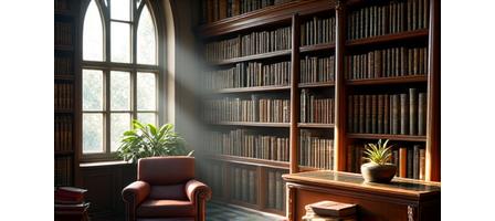 Alte Bibliothek mit hohen Regalen und Schreibtischen, atmosphärisches Licht