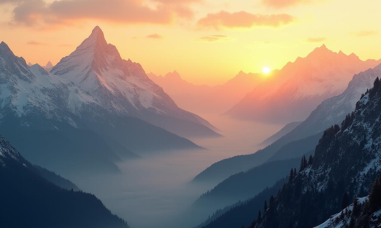 Ein atemberaubender Sonnenaufgang über den Alpen, majestätische Gipfel und ein nebliges Tal