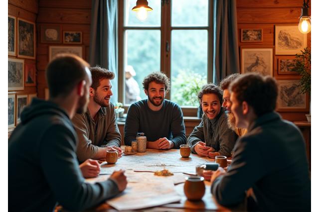 Gründer und Team von Alpenfährten bei einer Besprechung in einer Berghütte, umgeben von Karten und Büchern