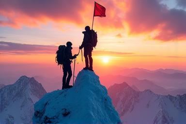 Bergsteiger auf einem schneebedeckten Gipfel mit atemberaubender Aussicht. Eine Fahne weht im Wind.