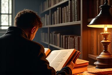 Eine alte Bibliothek mit Büchern und eine Person, die liest. Eine Kerze brennt neben einem offenen Buch.