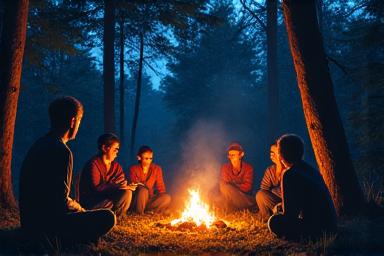 Eine Person sitzt an einem Lagerfeuer und erzählt Geschichten, umgeben von einem üppigen Wald und Sternen.